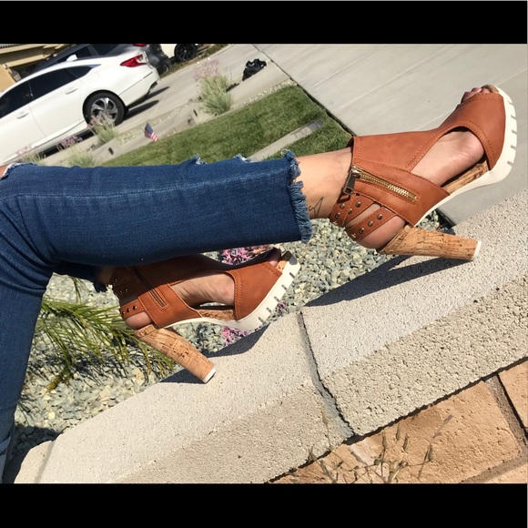 Shoes | Cognac Vegan Leather Peep Toe Cutout Cork Heels | Poshmark